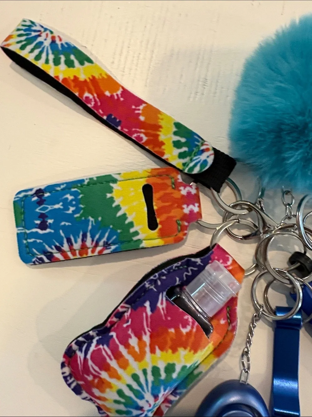 Blue Pom Pom Keychain Safety Set with Tie-Dye Accessories